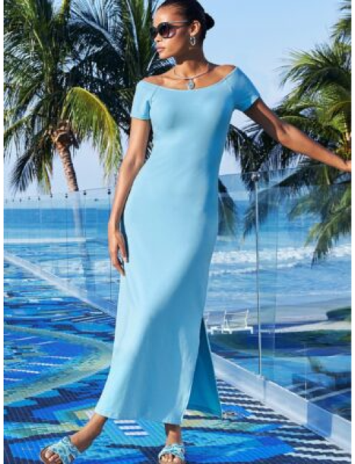 Off The Shoulder Short Sleeve Maxi Dress Airy Blue