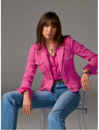 Modern Length Crest Button Luxe Denim Jacket Raspberry Rose