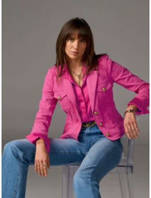 Modern Length Crest Button Luxe Denim Jacket Raspberry Rose