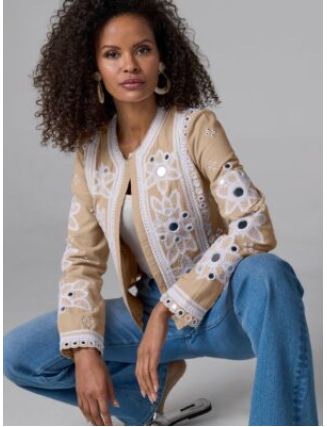 Mirror Embellished and Embroidered Linen Jacket Sesame