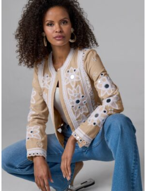 Mirror Embellished and Embroidered Linen Jacket Sesame