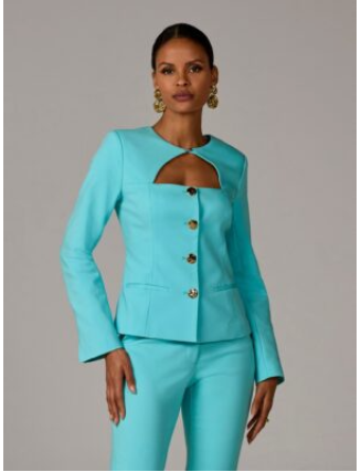 Modern Cutout Novelty Button Peplum Blazer Blue Radiance