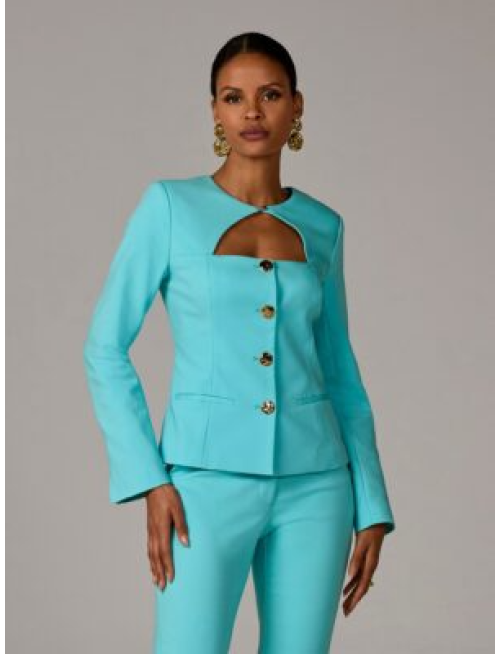 Modern Cutout Novelty Button Peplum Blazer Blue Radiance