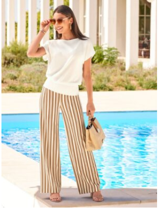 Beyond Travel Camel Stripe High Rise Palazzo Pant Camel