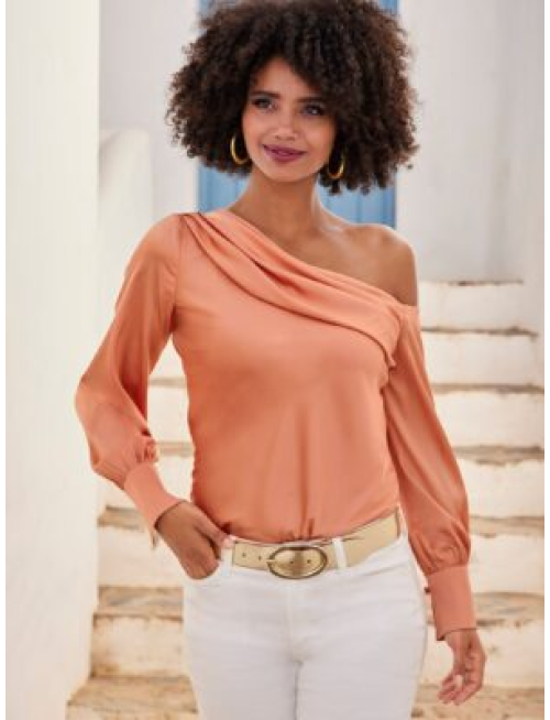 Amelia Shoulder Skimming Charmeuse Blouse Peach