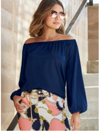 Anna Off The Shoulder Charmeuse Blouse Navy
