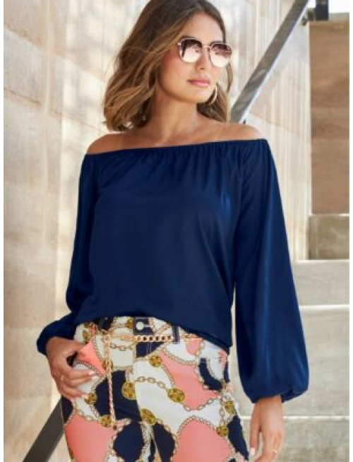 Anna Off The Shoulder Charmeuse Blouse Navy