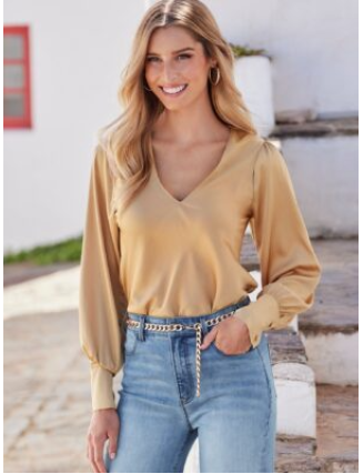 Audrey V Neck Long Sleeve Charmeuse Blouse Champagne