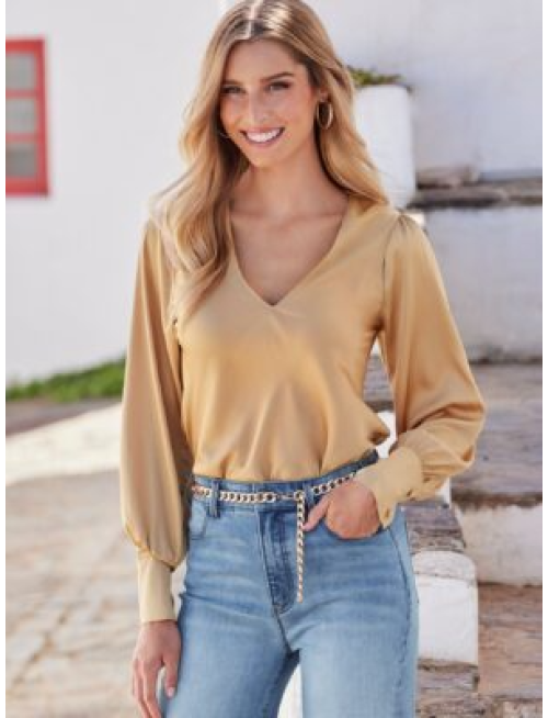 Audrey V Neck Long Sleeve Charmeuse Blouse Champagne