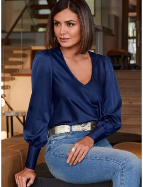 Audrey V Neck Long Sleeve Charmeuse Blouse Navy