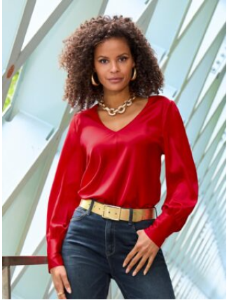 Audrey V Neck Long Sleeve Charmeuse Blouse Tomato Red