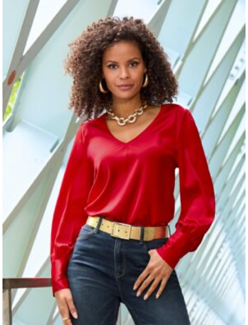 Audrey V Neck Long Sleeve Charmeuse Blouse Tomato Red