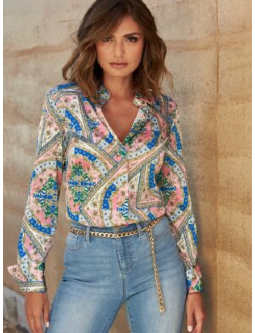 Baroque Scroll Print Sophia Button Up Charmeuse Blouse Pink Icing Multi