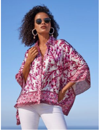Bella Vita Border Print Roxy Poncho Charmeuse Blouse Pink Multi