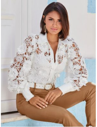 3D Floral Lace Victoria Chic Drama Sleeve Shirt White