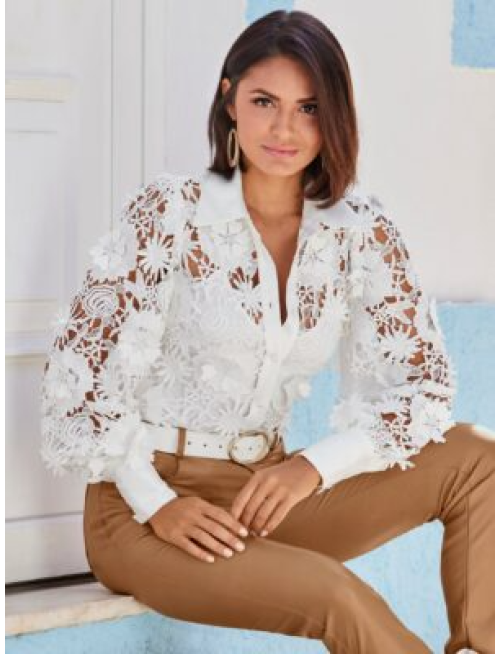 3D Floral Lace Victoria Chic Drama Sleeve Shirt White