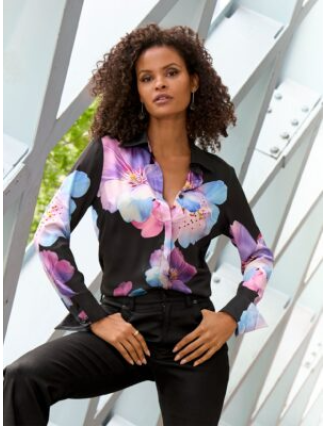 Bluebell Fleurs Print Sophia Button Up Charmeuse Blouse Purple