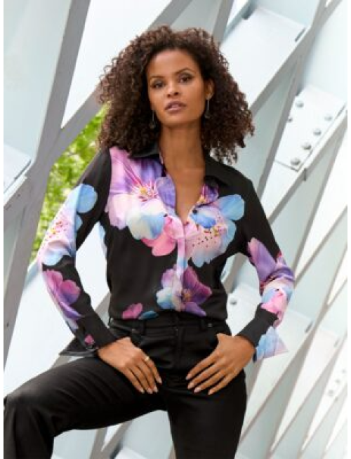 Bluebell Fleurs Print Sophia Button Up Charmeuse Blouse Purple