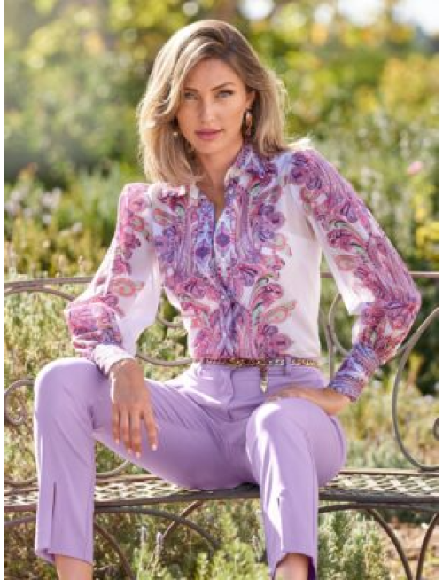 Boca Raton Paisley Print Textured Organza Victoria Drama Sleeve Shirt Lavender