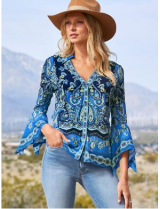 Border Print Flare Sleeve Shirt Blue