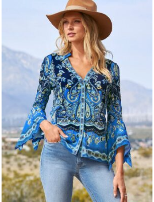 Border Print Flare Sleeve Shirt Blue