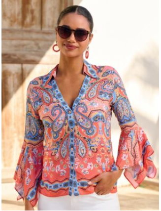 Border Print Flare Sleeve Shirt Multi