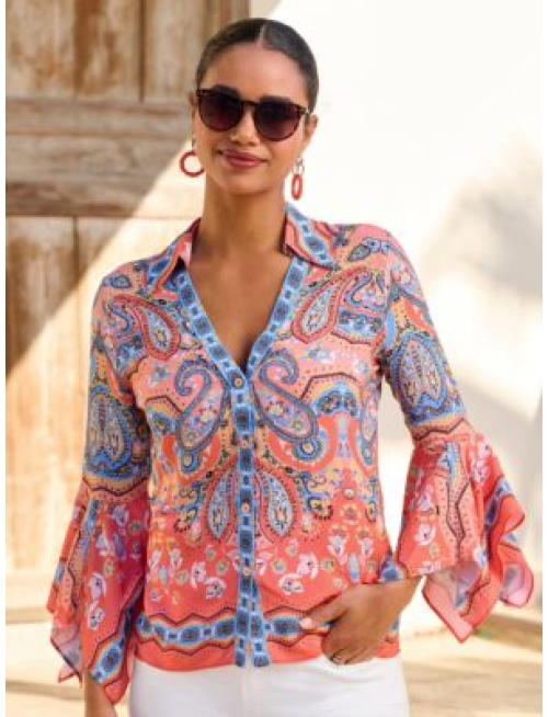Border Print Flare Sleeve Shirt Multi