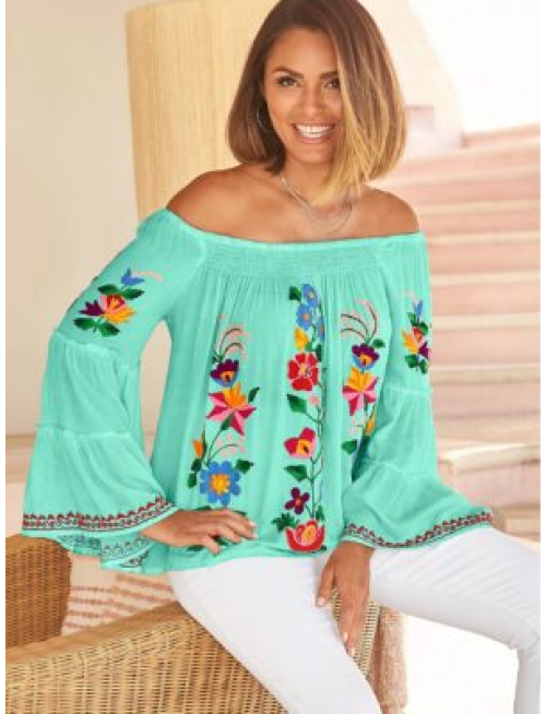 Bright Floral Embroidered Tiered Sleeve Off The Shoulder Blouse Mint Multi